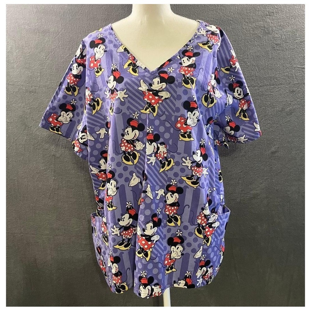 Disney Scrub Top Minnie Mouse Graphic Polka Dot Print Cotton Purple Womens 3X